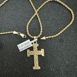 New yellow 925 Sterling silver Nugget cross Pendant with new gold plated chain